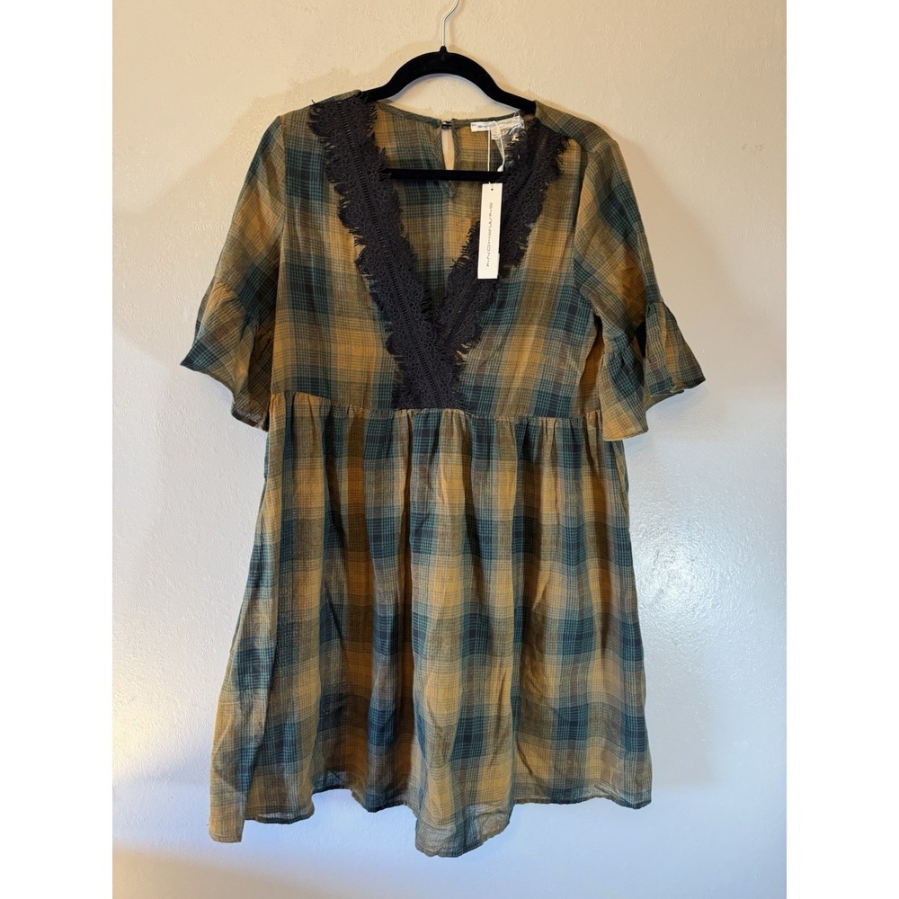 Symphony A-Line Plaid Lace V Neck Pullover Dress Size S